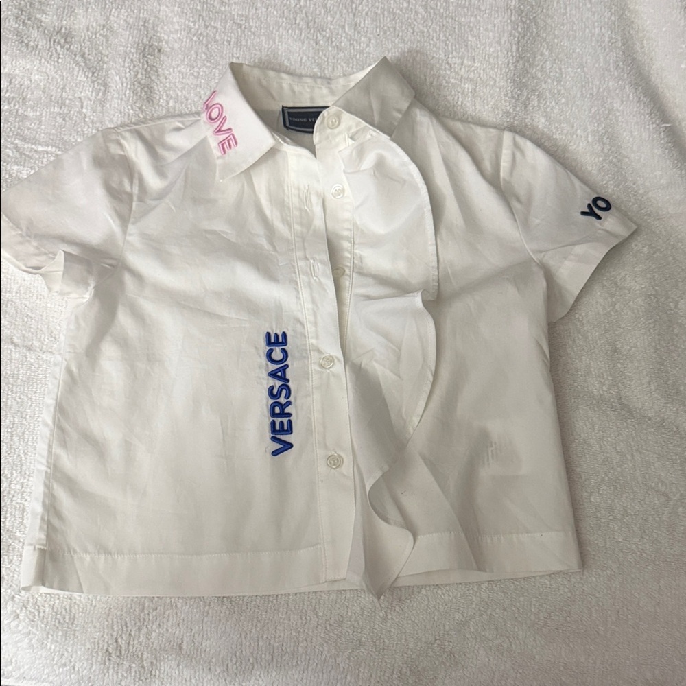 Young Versace Kids White dress Shirt with Blue,Pink & Black woven graphic